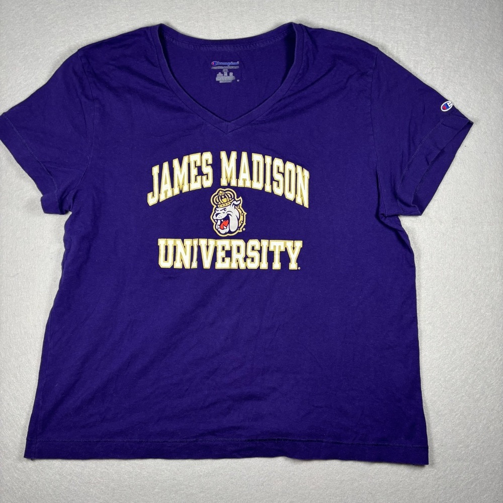 James Madison University JMU Womens 2XL Champion Purple V-Neck Graphic‎ T-Shirt